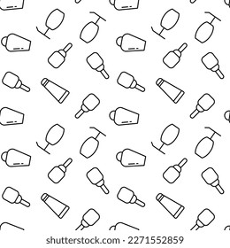 Vector seamless pattern of various bottles for gel, soap, shampoo on white background. It can be used for textile, backgrounds, placards