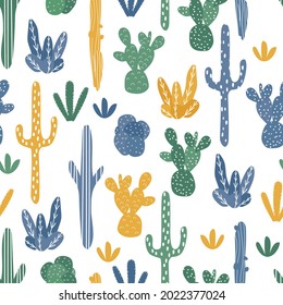 Vector seamless pattern with various cacti. Bright, cute cacti. Background with desert plants for wrapping paper, wallpaper, textiles. Vector seamless pattern with various cacti.