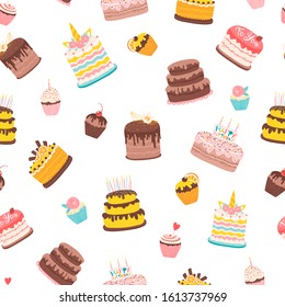 Vector seamless pattern with various cakes and birthday cupcakes. Cartoon illustration in simple hand-drawn style.