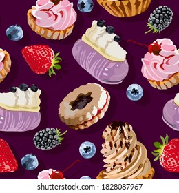 Vector seamless pattern with various cakes