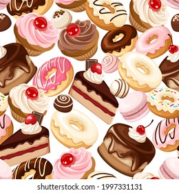 Vector seamless pattern with various cakes, cupcakes, macaroons, donuts, candies and other sweets on a white background. 