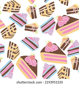 Vector seamless pattern with various cakes and birthday cupcakes. Cartoon illustration in simple hand-drawn style.