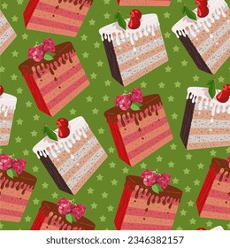 Vector seamless pattern with various cakes. Cartoon illustration.