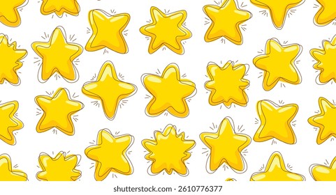 Vector seamless pattern with various cartoon stars with scribble strokes. Achievements and magic. Texture with yellow naive stars  for wallpaper and fabric