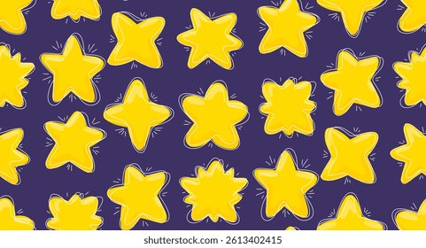 Vector seamless pattern with various cartoon stars with scribble strokes. Starry night. Magical texture with yellow naive stars on violet background for wallpaper and fabric