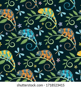 Vector seamless pattern with various chameleons on branches with leaves, dragonflies and flowers on the dark background