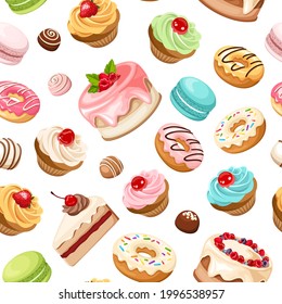 Vector seamless pattern with various colorful cakes, cupcakes, macaroons, donuts, candies and other sweets on a white background. 