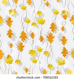 Vector seamless pattern with various colorful autumn leaves on a white background.