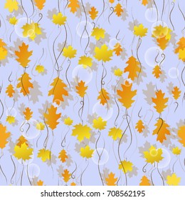 Vector seamless pattern with various colorful autumn leaves on a blue background.