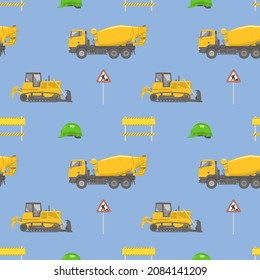 Vector seamless pattern with various construction equipment and vehicles