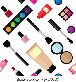 Vector seamless pattern with various cosmetic products