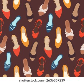 Vector seamless pattern with various flat women shoes on a dark background for fashion prints, wrapping paper, fabric design. Stylish and colorful flat style.