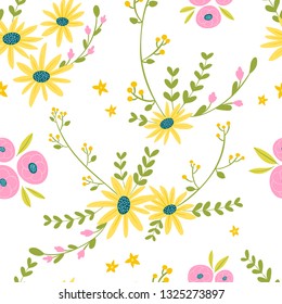 Vector seamless pattern of various flowers in pastel colors on a white background. Floral illustration in simple hand-drawn style.