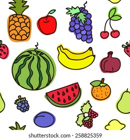 Vector seamless pattern with various fruits on white.