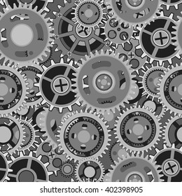 Vector seamless pattern of various gears and cogwheels.