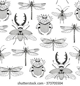vector seamless pattern with various hand drawn insects