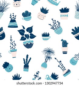 Vector seamless pattern with various home plants in cute pots. Limited color palette.