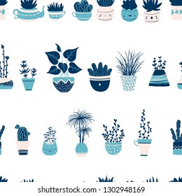 Vector seamless pattern with various home plants in cute pots. Limited color palette.