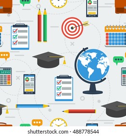 Vector seamless pattern with various items for education on grey background