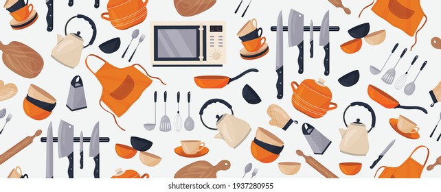 Vector seamless pattern with various kitchen accessories on a white background. Kitchen utensils. A pot, a kettle, knives, plates, cups...