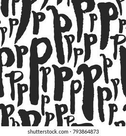 Vector seamless pattern with various lowercase hand written calligraphy letters p. Isolated on white background. Editable pattern in swatches. Clipping paths included.