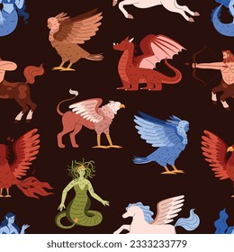 Vector seamless pattern with various magical mythical creatures on brown background. Colorful illustration of cartoon heroes of fairy tales, fantasy legends, Greek mythology.