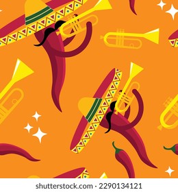 Vector seamless pattern of various Mexican-themed objects: musical instruments, sombrero hats, vegetables. Background, wallpaper, textile or paper print.