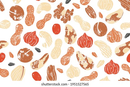  Vector Seamless Pattern with Various Nuts and Seeds. Texture with almonds, hazelnut, walnut, peanut, cashew,  pistachio on white background.