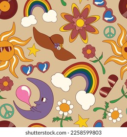 Vector seamless pattern with various objects in retro groovy style. Fabric or paper print, background, wallpaper