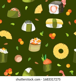 Vector seamless pattern of various onigiri and sushi with tasty ingredients on the background.