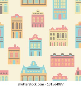 vector seamless pattern with various pastel European houses
