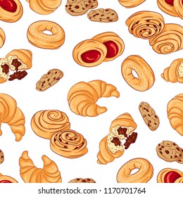 Vector seamless pattern with various pastries. Illustration isolated on white background. Hand drawn pattern