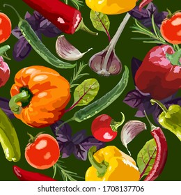 Vector Seamless Pattern With Various Peppers, Tomato, Garlic And Basil