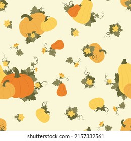 Vector seamless pattern with various pumpkins, leaves and flowers. Autumn holiday pattern for harvest festival or Thanksgiving Day. Can be used for wallpaper, background, gift wrapping and more.