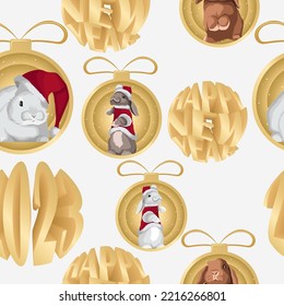 Vector seamless pattern of various rabbits bunnies in gold Christmas balls, gold volumetric 3D phases Happy New Year, 2023 isolated on white. New Year,Christmas,cards,print concept.