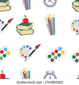 Vector seamless pattern with various school supplies on a white background. Back to school concept.