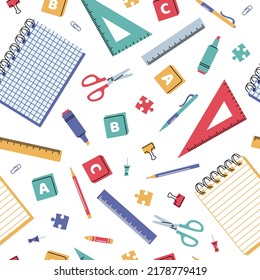 Vector seamless pattern with various school supplies on a white background. Back to school. Chancellery, office, education. 