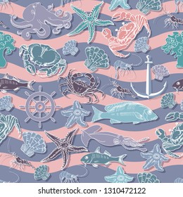 Vector seamless pattern of various sea creatures. Hand drawing vector illustration of fish, crab, squid, anchor octopus and starfish. Marine-themed design elements on purple wavy background. 