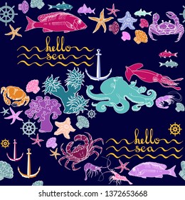 Vector seamless pattern of various sea creatures. Hello sea. Hand drawing vector illustration of fish, crab, squid, anchor octopus and starfish. Marine-themed design elements on on blue.