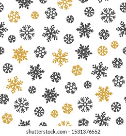 Vector Seamless pattern with various snowflakes. Various black and gold snowflakes on white background. Merry Christmas holiday, Happy New Year celebration vector illustration