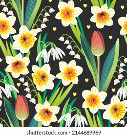 Vector seamless pattern with various spring flowers blooming tulips, daffodils, snowdrops and lilies of the valley