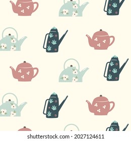 Vector seamless pattern with various teapots on a light background. Kitchenware.