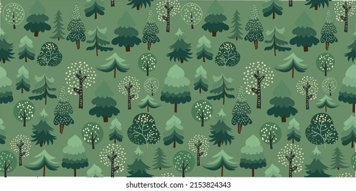 Vector seamless pattern with various trees on a trendy green background. Deciduous, coniferous trees (larches, fir trees, oaks ) in a simple hand-drawn style. New Year, Christmas concept, forest theme