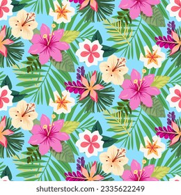 Vector seamless pattern with various tropical leaves and flowers on blue background