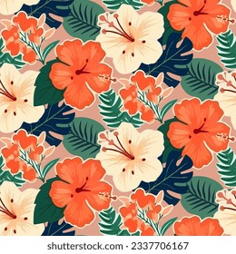 Vector seamless pattern with various tropical leaves and hibiscus flowers on orange background