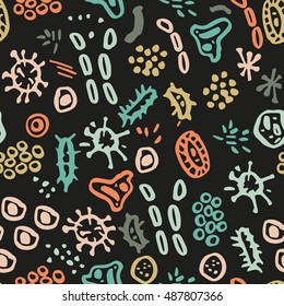 Vector seamless pattern with various types of bacteria, virus,cell. Abstract medical hand drawn background