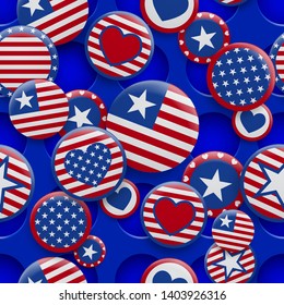 Vector seamless pattern of various USA symbols in red and blue colors on background with holes. Independence Day United States of America