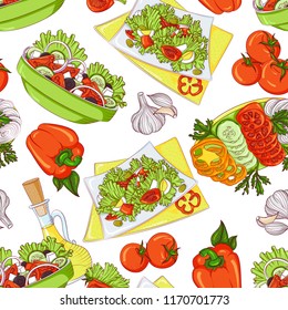 Vector seamless pattern with various vegetable salads. Illustration isolated on white background. Hand drawn pattern