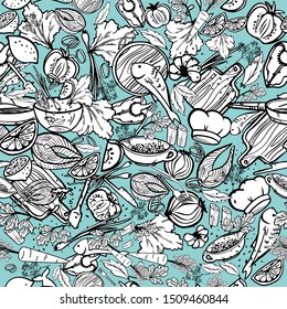 Vector seamless pattern of various vegetables, spices herbs, dishes, healthy food symbols, can be used as a restaurant advertisement or vegetables, fish. Print on textiles, packaging.