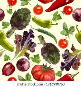 Vector seamless pattern with various vegetables. There are artichoke, tomato, peppers, salad, onion, basil vegetables